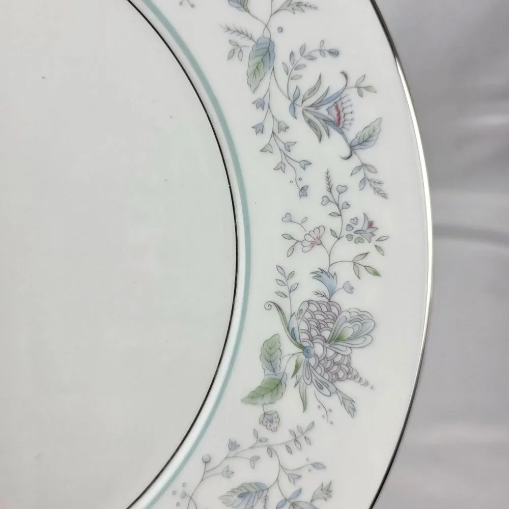 TWO Oxford China Spring Bone China Dinner Plate Multicolor Floral Rim Aqua Band